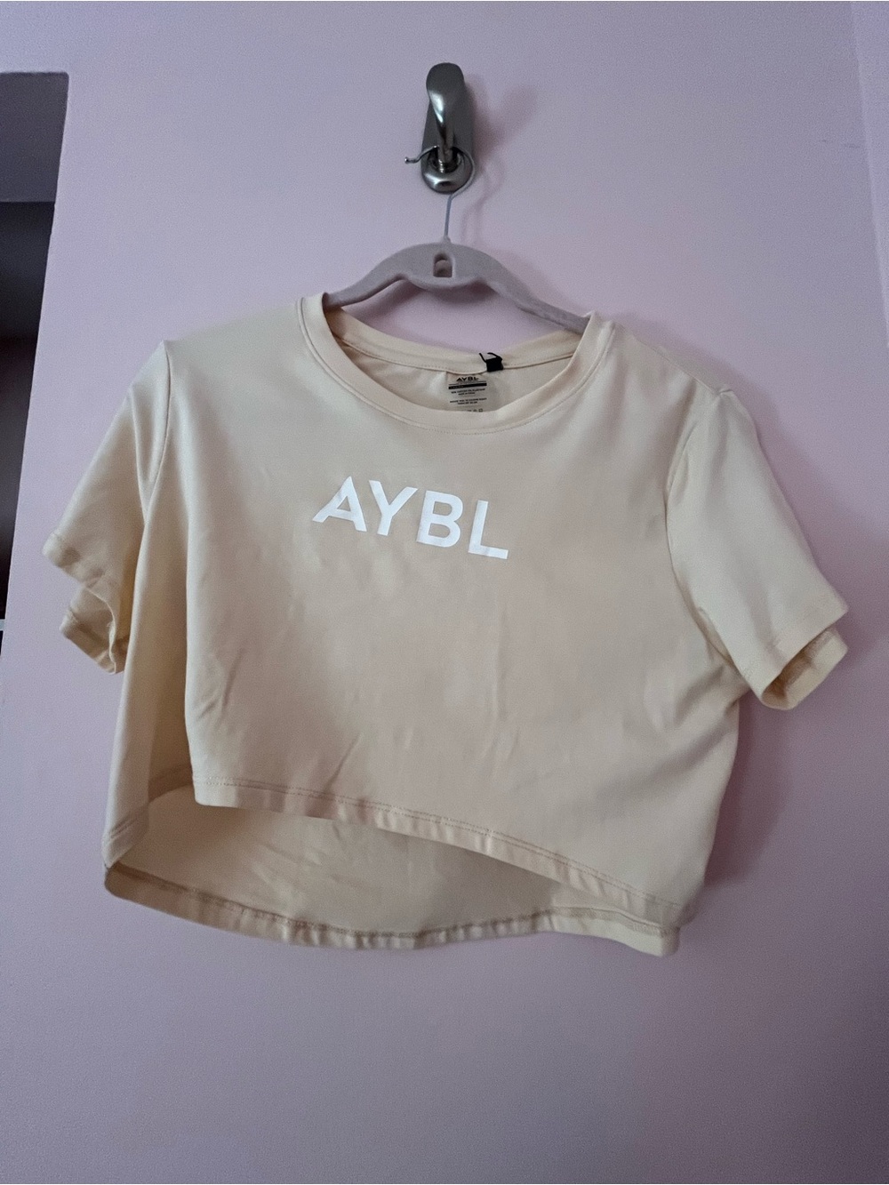 AYBL Cream Short Sleeve Cropped Tee with White Logo